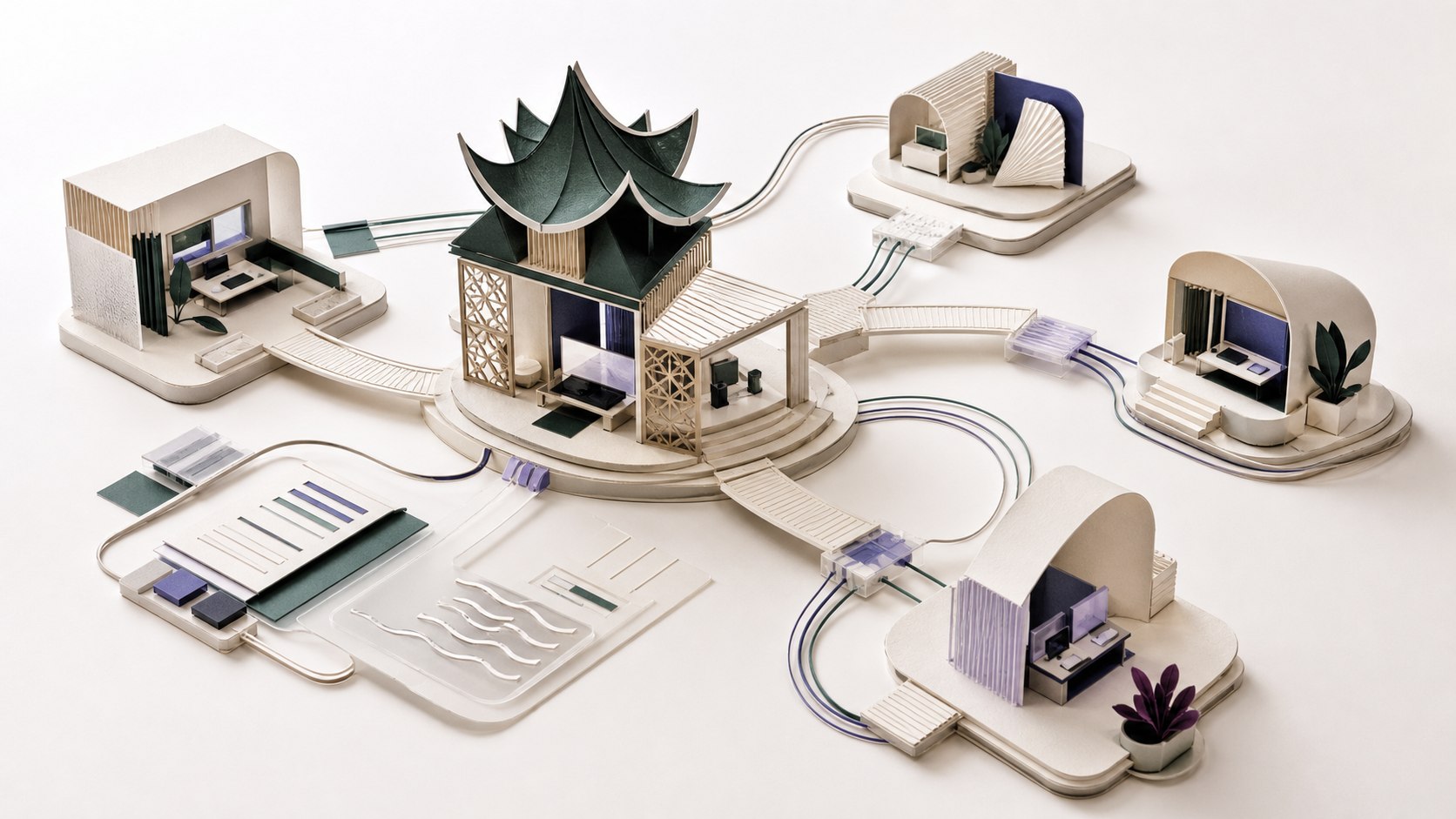 Abstract paper studios connected to a Malaysia-centered web design workspace
