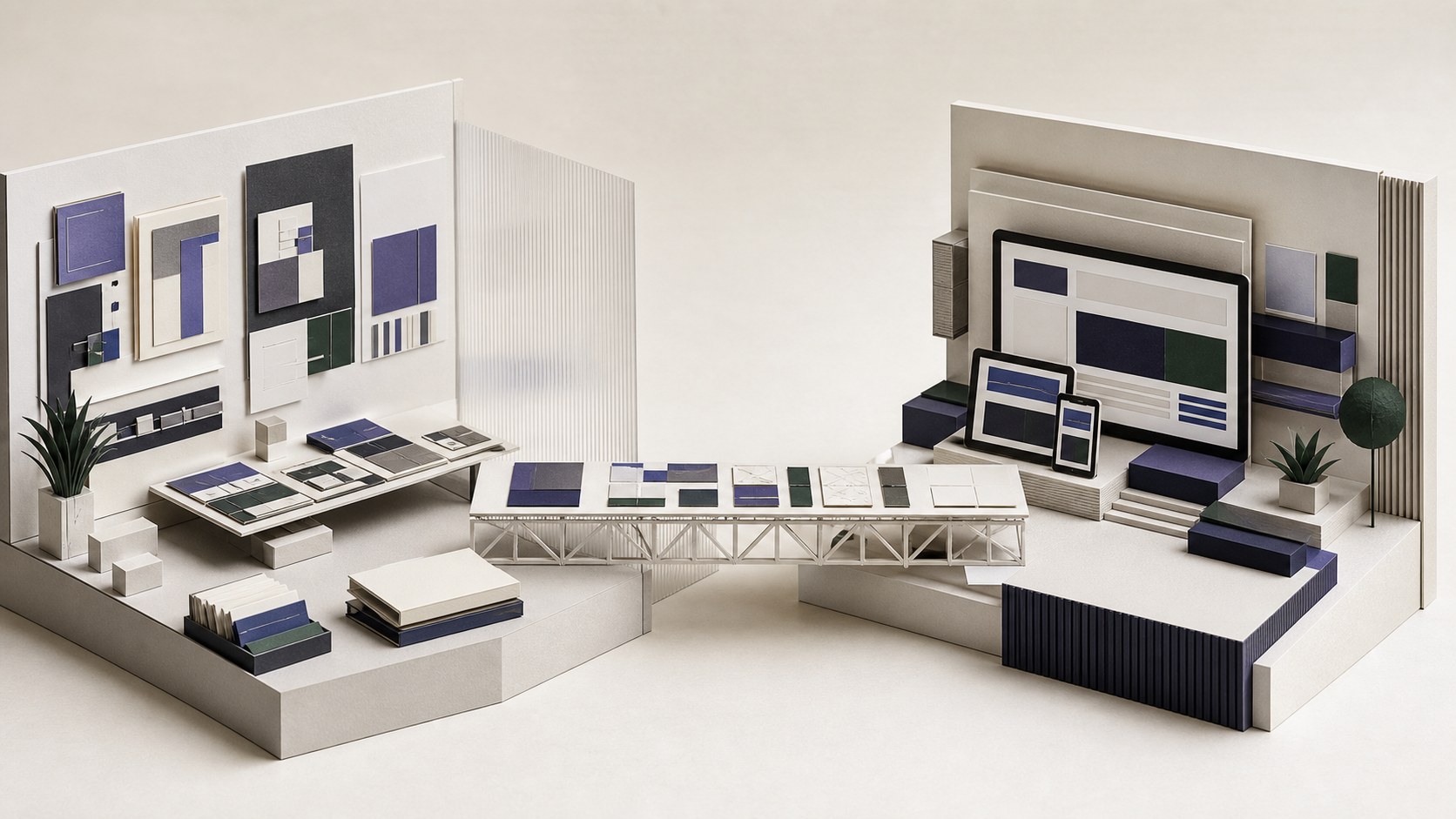 Paper architecture representing an agency website project moving from design planning to development