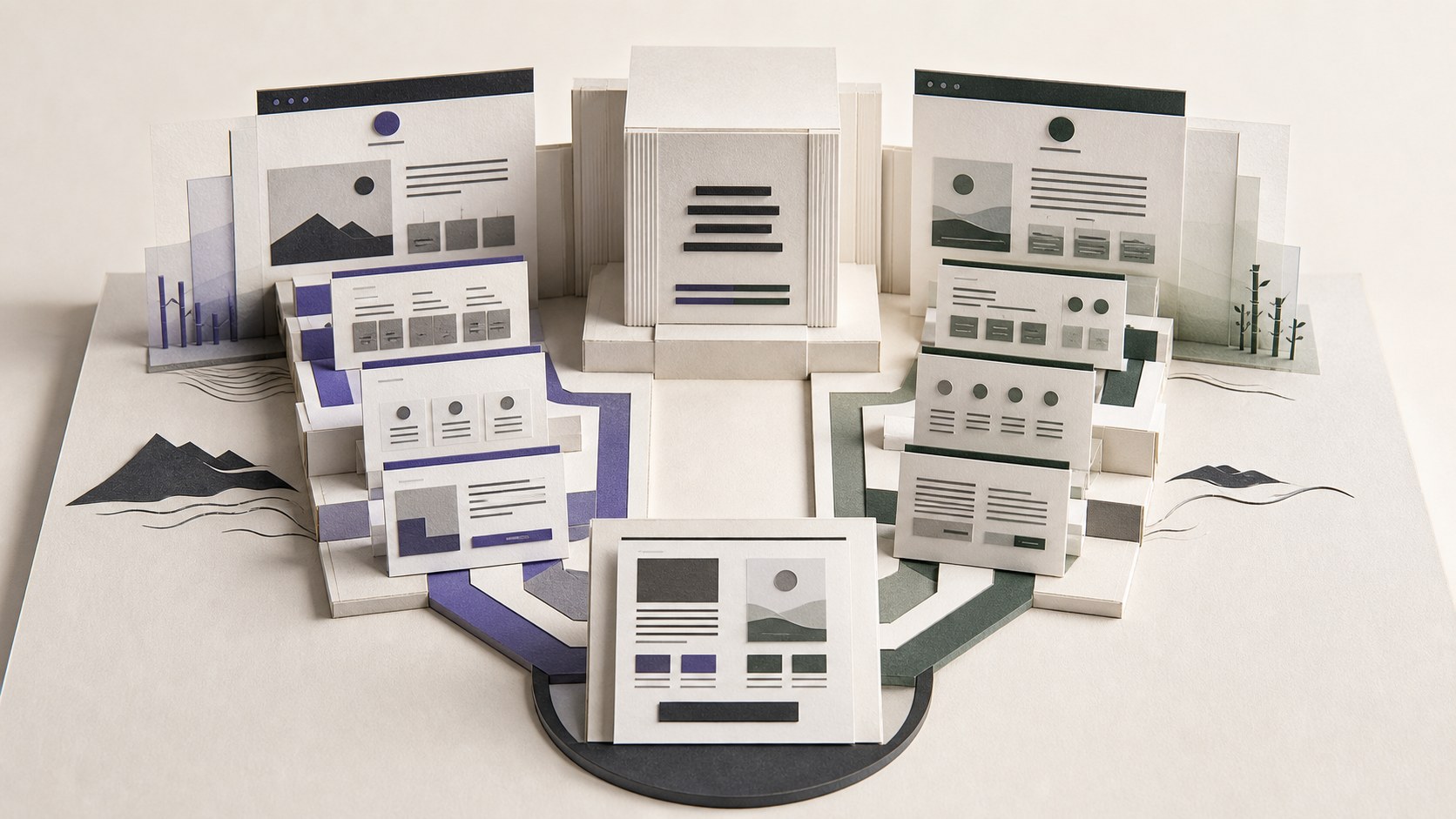 Paper architecture showing connected English and Chinese website structures for bilingual audiences