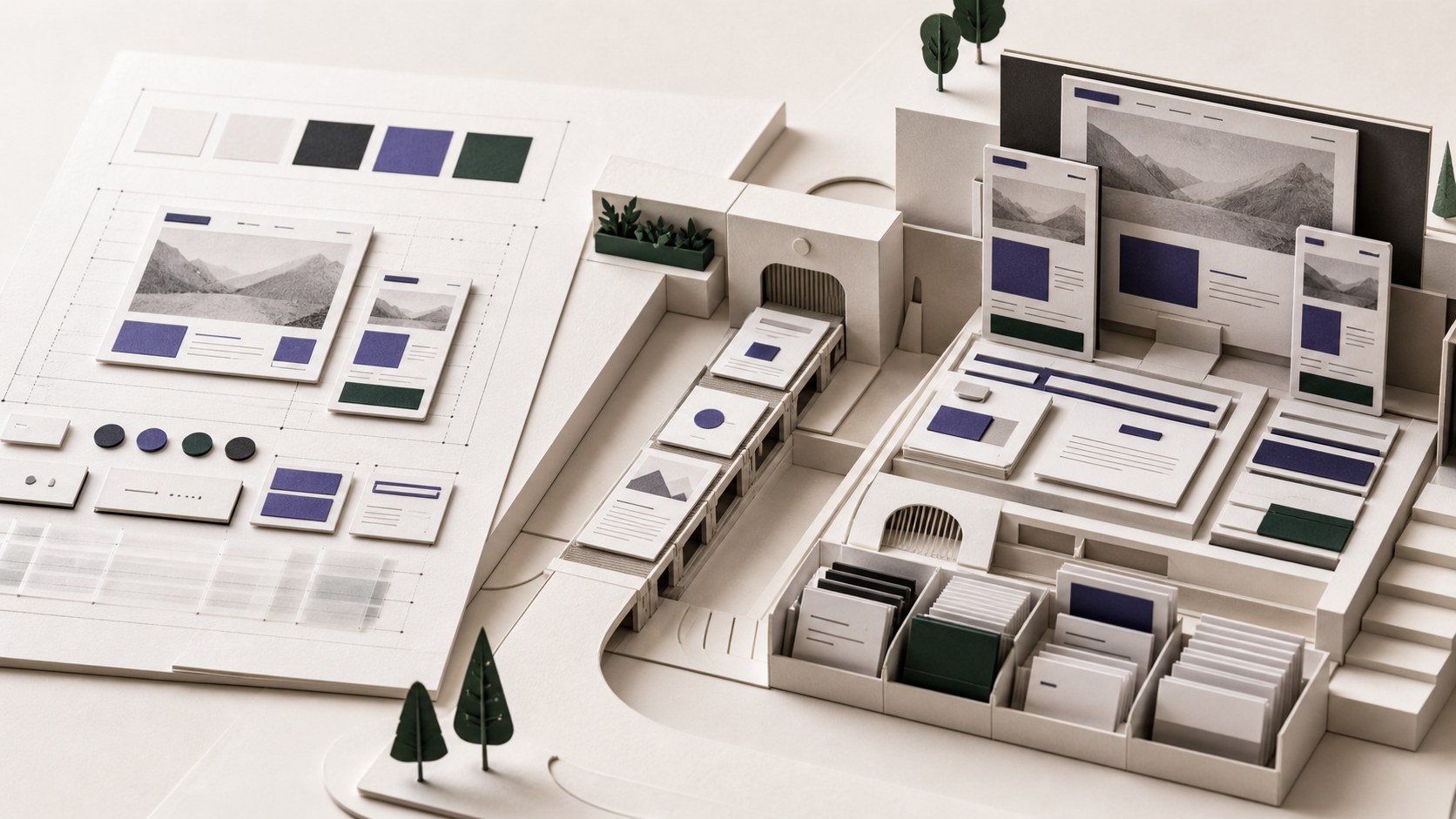 Paper architecture illustrating a structured handoff from interface design files to a responsive WordPress website